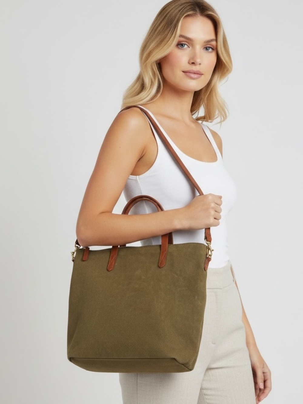 Olive Green Canvas Laptop Tote Bag Brown Shoulder Strap